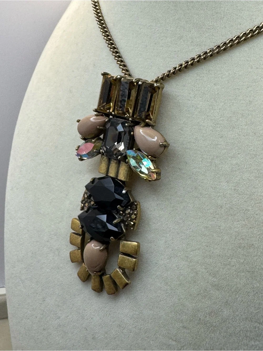 J. Crew Gold Tone Tiered Pendant Necklace With Black and Beige Stones